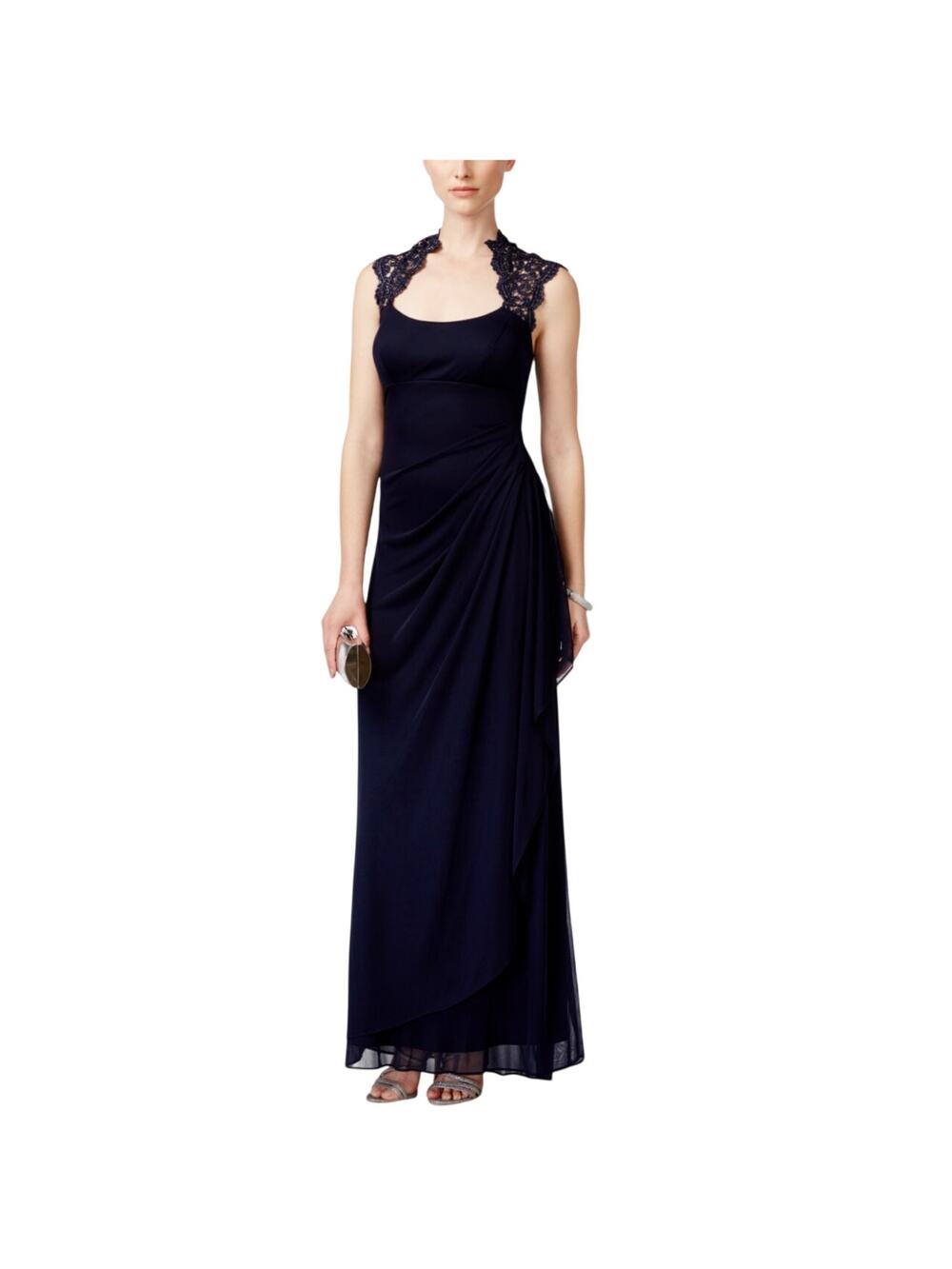 XSCAPE Blue Evening Gown Lace and Chiffon Cap Sleeve Long Column Dress Size 14P